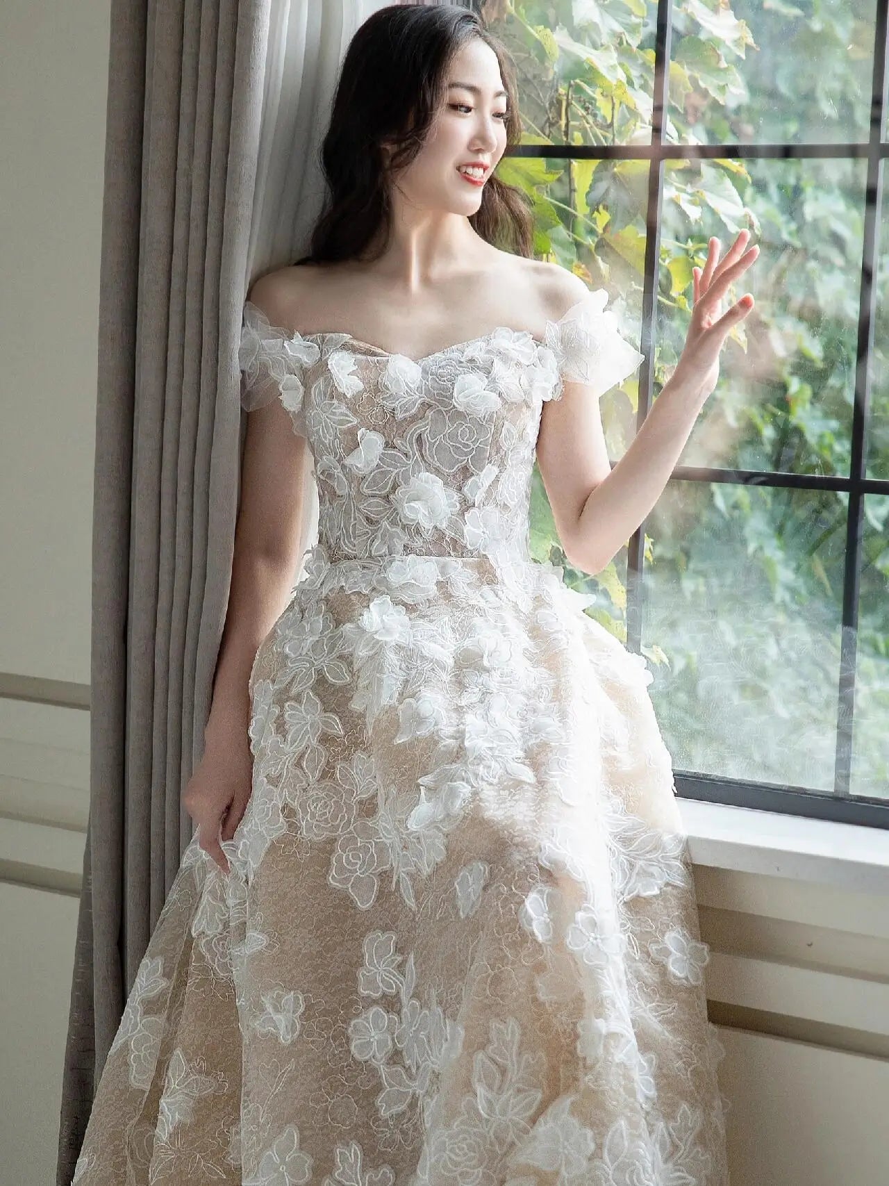 lace dress nude lining Nude Strapless Wedding Dress with Lace Bodice