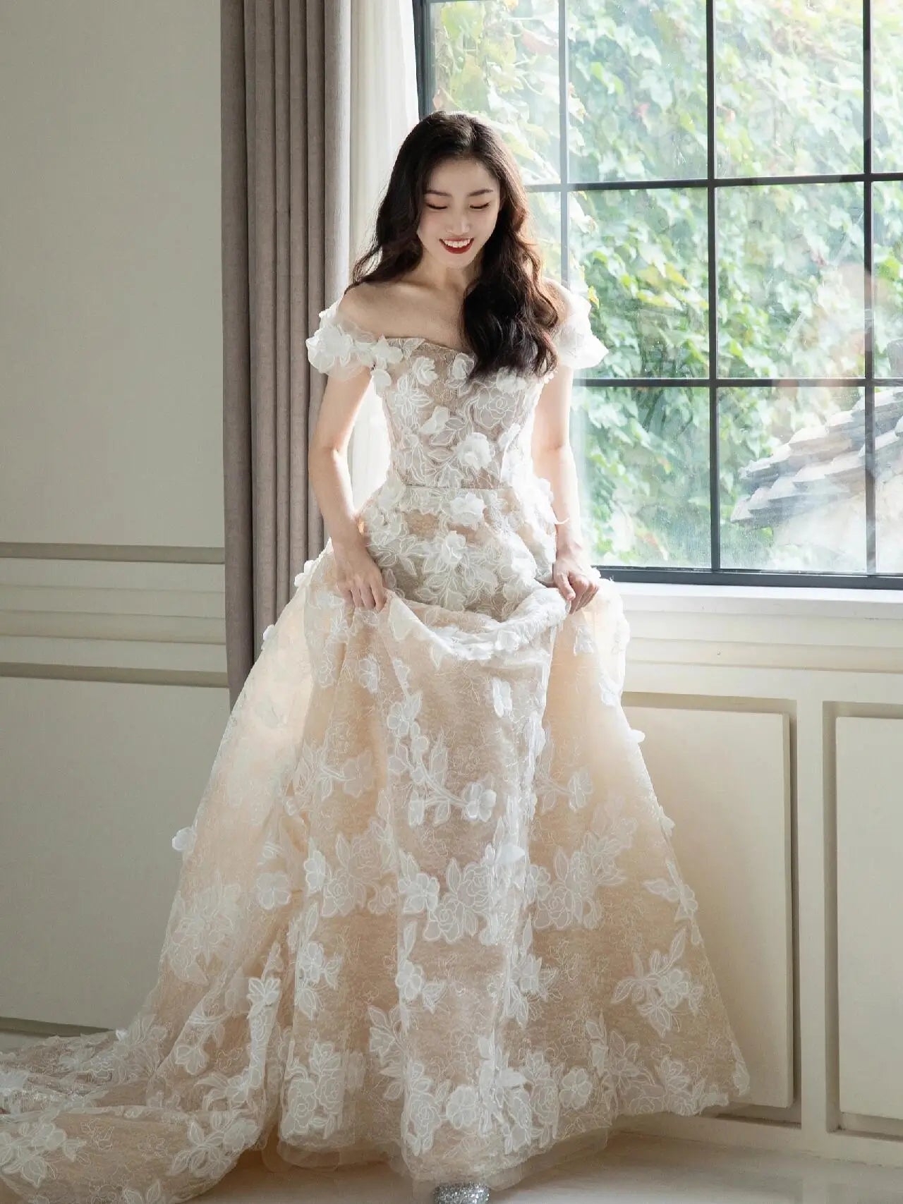 Off-Shoulder Lace Wedding Dress with Nude Lining & 3D Flowers Custom Colors / 12