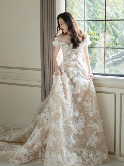 Off-Shoulder Lace Wedding Dress with Nude Lining & 3D Flowers Custom Colors / 12 Off-Shoulder Lace Wedding Dress with Nude Lining & 3D Flowers Custom Colors / 12