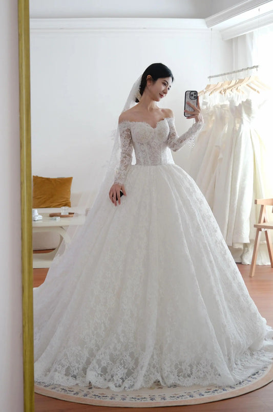 Wedding Dresses 2025 to impress Off-Shoulder Lace Ball Gown Wedding Dress with Long Sleeves and Cathedral Train – RD026-vigocouture-White-Custom Size-vigocouture
