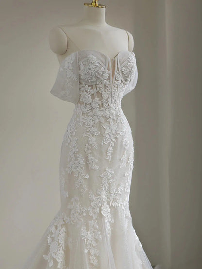 Wedding Dresses 2025 to impress Off-Shoulder Lace Mermaid Wedding Gown with 3D Floral Appliqué and Sheer Train – Style RD005-vigocouture-vigocouture