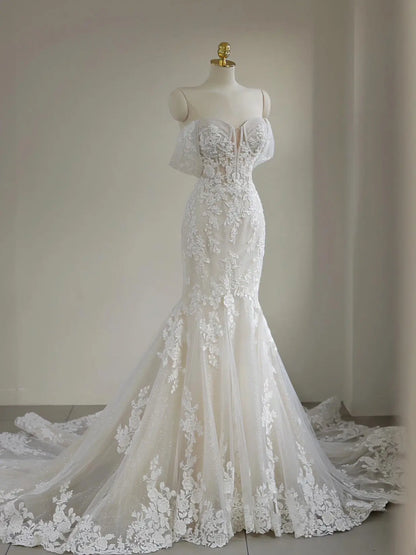 Wedding Dresses 2025 to impress Off-Shoulder Lace Mermaid Wedding Gown with 3D Floral Appliqué and Sheer Train – Style RD005-vigocouture-Ivory-Custom Size-vigocouture
