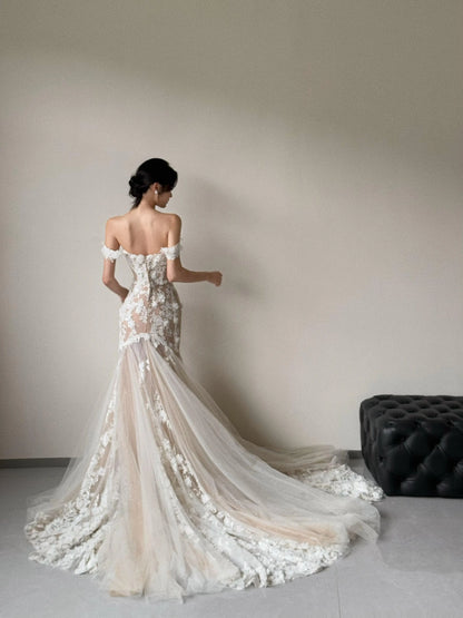 Wedding Dresses 2025 to impress Off-Shoulder Sheer Mermaid Wedding Dress with 3D Floral Appliqué – Style RD013-vigocouture-vigocouture