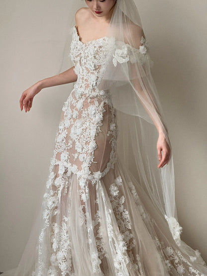 Wedding Dresses 2025 to impress Off-Shoulder Sheer Mermaid Wedding Dress with 3D Floral Appliqué – Style RD013-vigocouture-vigocouture