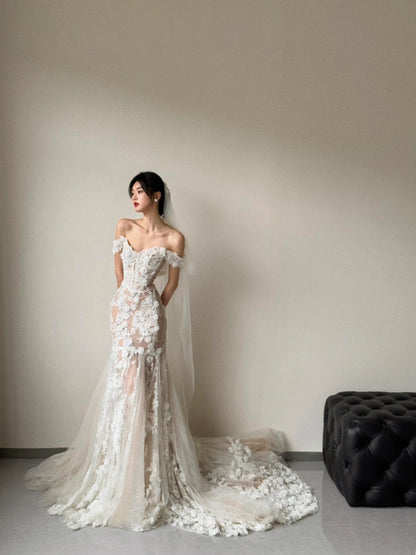 Wedding Dresses 2025 to impress Off-Shoulder Sheer Mermaid Wedding Dress with 3D Floral Appliqué – Style RD013-vigocouture-vigocouture