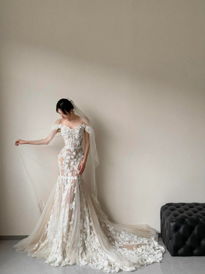 Wedding Dresses 2025 to impress Off-Shoulder Sheer Mermaid Wedding Dress with 3D Floral Appliqué – Style RD013-vigocouture-Nude-Custom Size-vigocouture