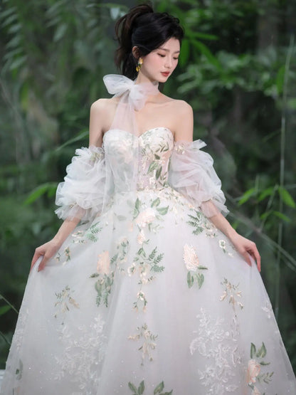 Pastel Floral Off-Shoulder Wedding Dress with Embroidered Skirt Custom Colors / 2 Pastel Floral Off-Shoulder Wedding Dress with Embroidered Skirt Custom Colors / 2