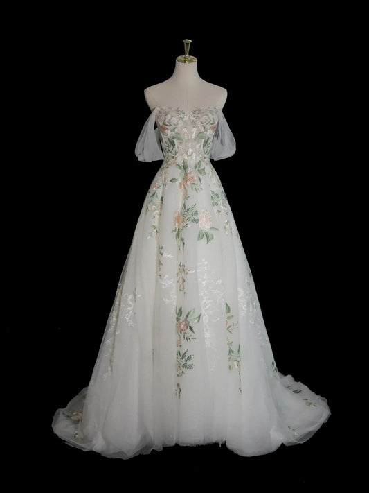 Wedding Dresses 2025 to impress Off-Shoulder Wildflower Whisper Wedding Dress with Embroidered Tulle Skirt – RD017-vigocouture-White-Custom Size-vigocouture