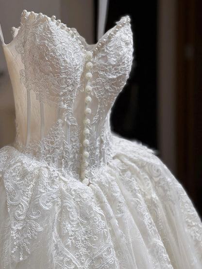 Wedding Dresses 2025 to impress Pearl Button Corset Lace Ball Gown Wedding Dress with Royal Embroidery – Style RD011-vigocouture-vigocouture