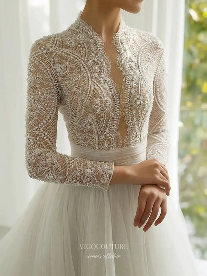 Wedding Dresses 2025 to impress Regal High Neck Beaded Lace Wedding Dress with Long Sleeves and Tulle Ball Gown Skirt – RD029-vigocouture-vigocouture
