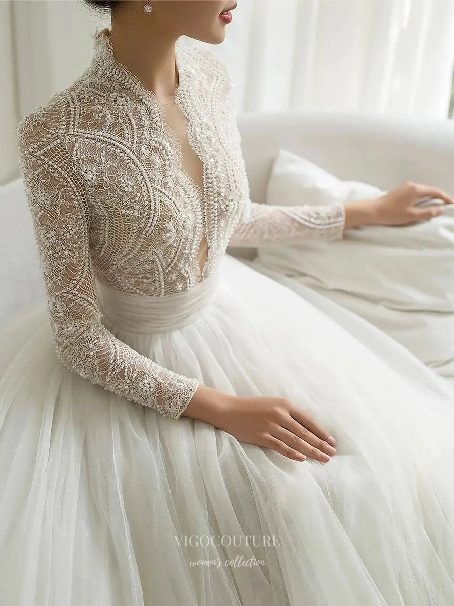 Wedding Dresses 2025 to impress Regal High Neck Beaded Lace Wedding Dress with Long Sleeves and Tulle Ball Gown Skirt – RD029-vigocouture-vigocouture