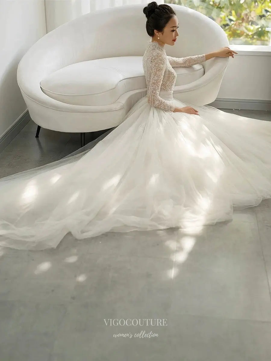 Wedding Dresses 2025 to impress Regal High Neck Beaded Lace Wedding Dress with Long Sleeves and Tulle Ball Gown Skirt – RD029-vigocouture-vigocouture