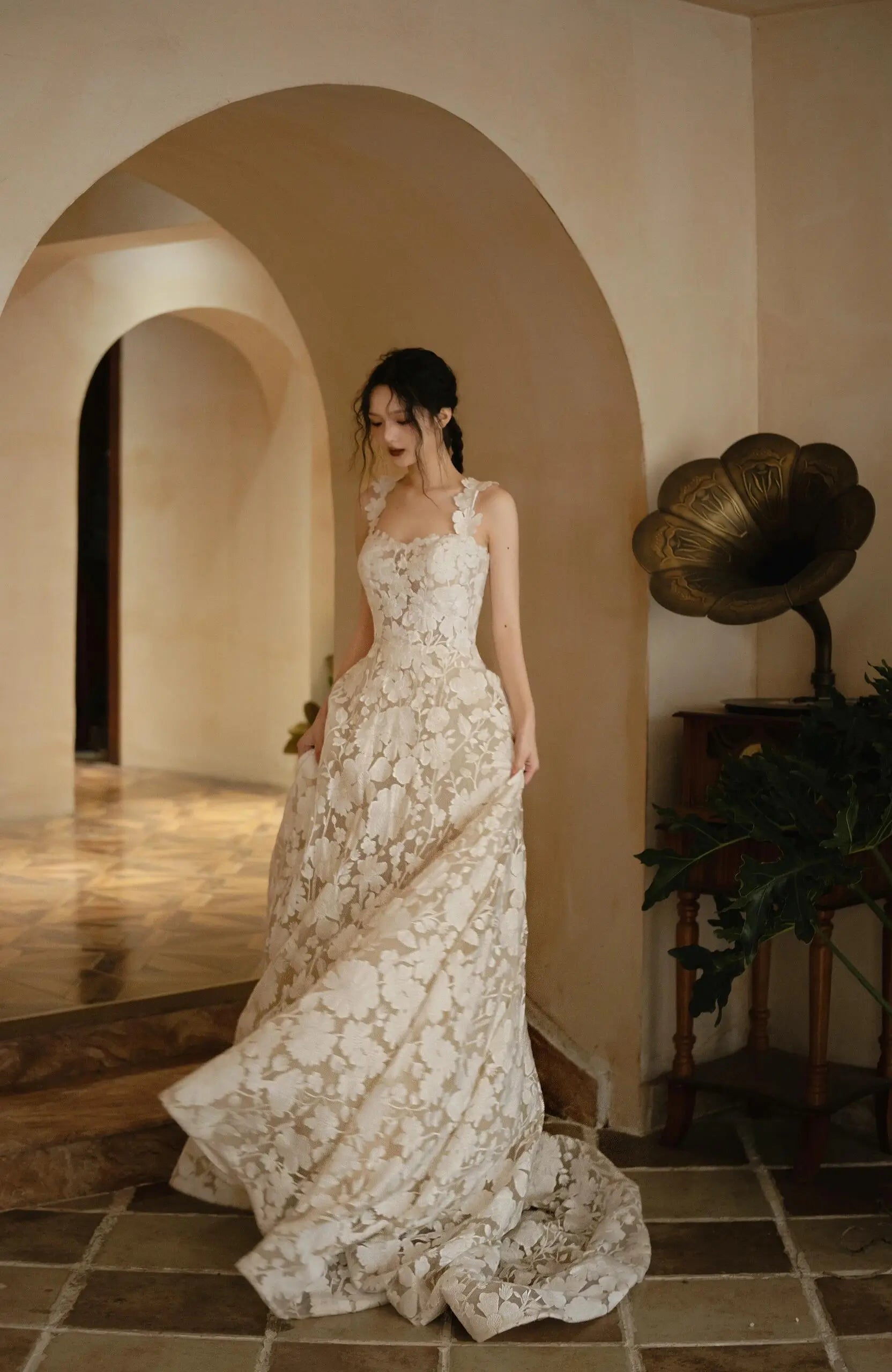 floral lace wedding dress with detachable straps reviews 3D Floral Lace Wedding Dress with Straps Vigocouture Ivory / 20W