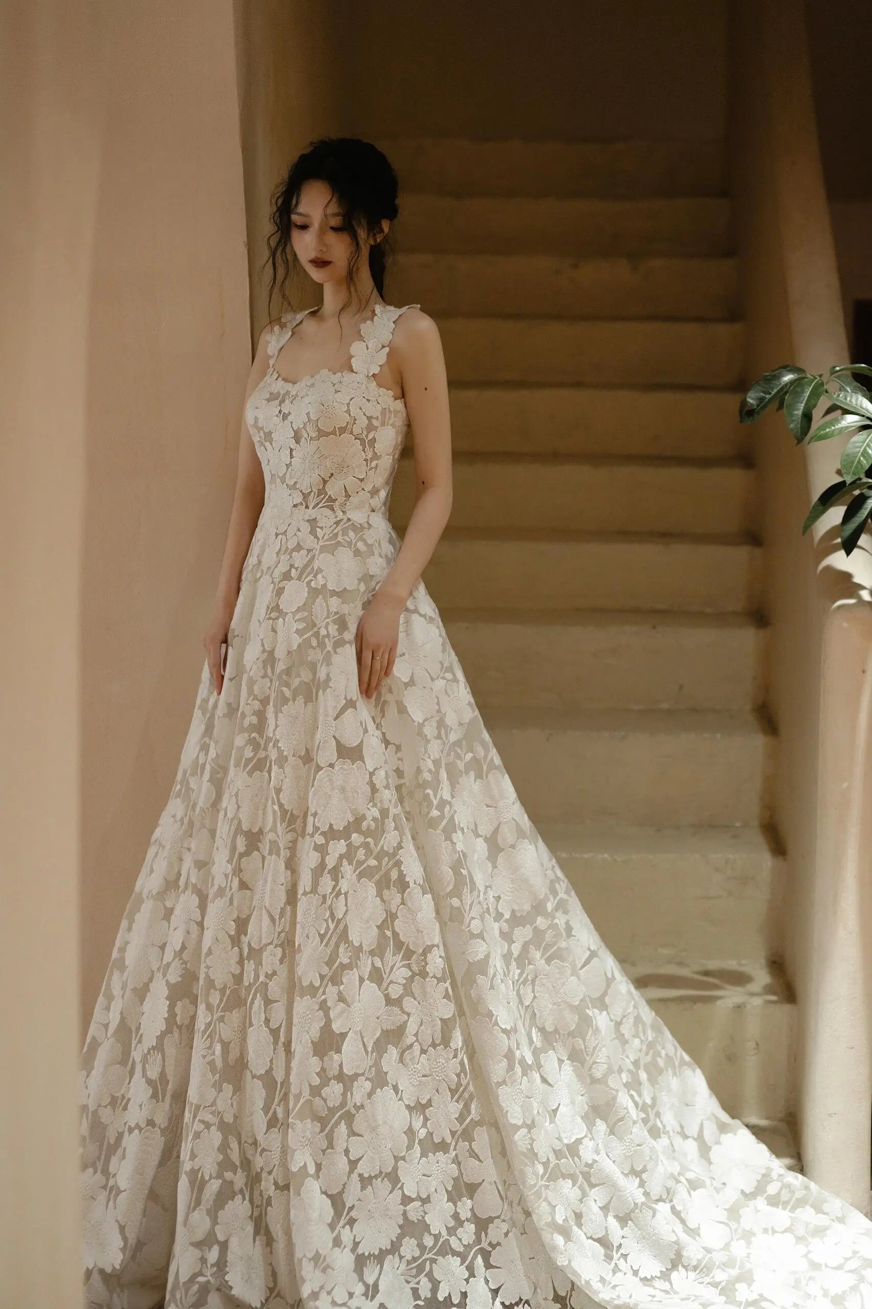 3D Floral Lace Wedding Dress with Straps Vigocouture Ivory / 20W 3D Floral Lace Wedding Dress with Straps Vigocouture Ivory / 20W
