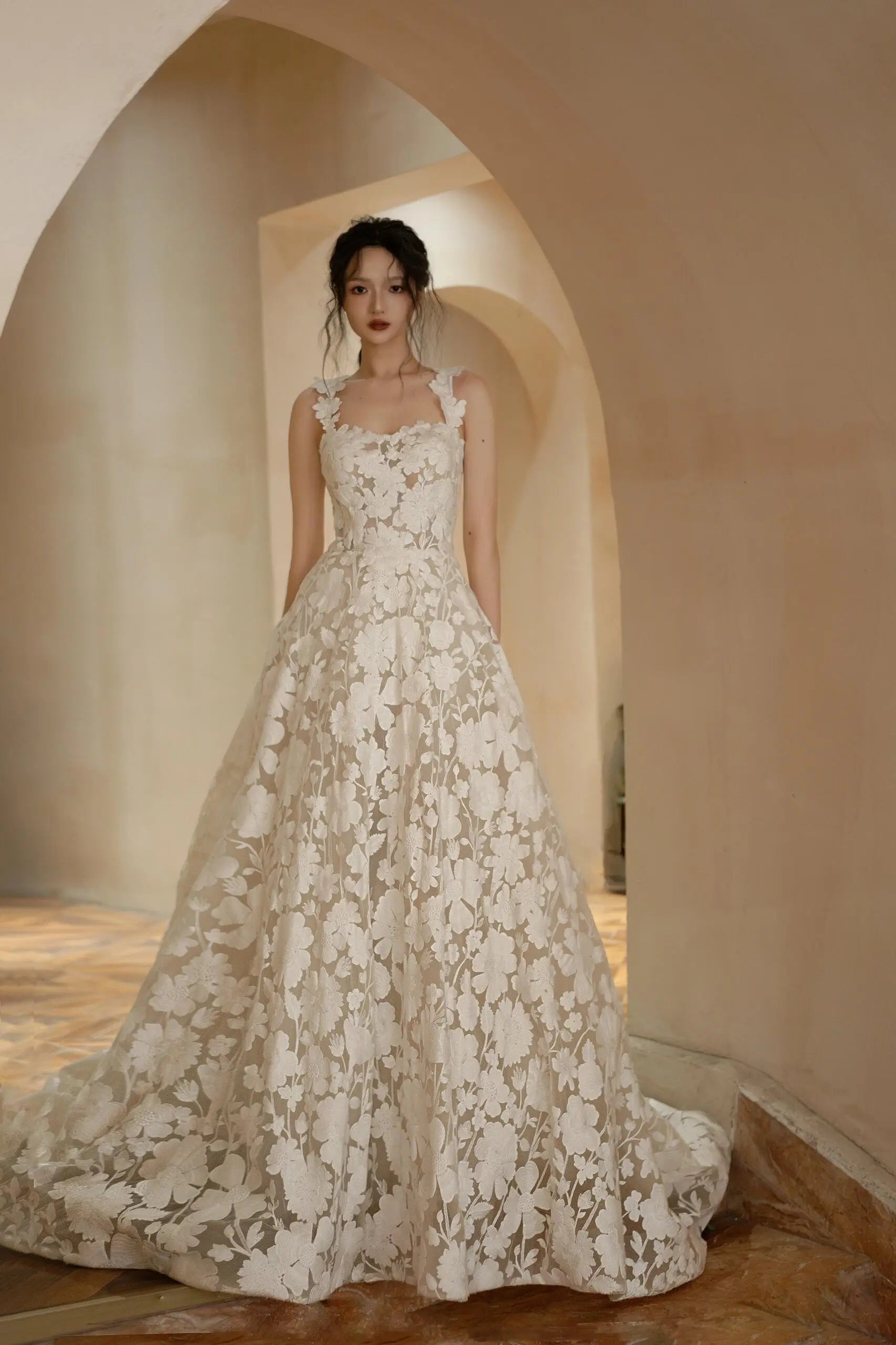 3D Floral Lace Wedding Dress with Straps – Vigocouture Ivory / 20W