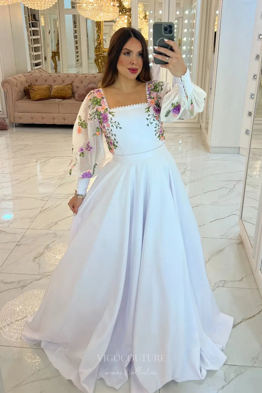 Romantic Floral Embroidered A-Line Wedding Dress with Square Neckline & Sheer Long Sleeves – W2623