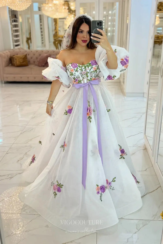 Romantic Floral Embroidered A-Line Wedding Dress with Sweetheart Bodice, Lavender Bow & Removable Puff Sleeves – W2628