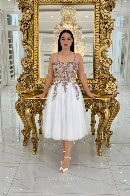 Wedding Dresses 2025 to impress Romantic Floral Embroidered Midi Wedding Dress with Sheer Bodice, Delicate Straps & Tulle A-Line Skirt – W2630-vigocouture-vigocouture