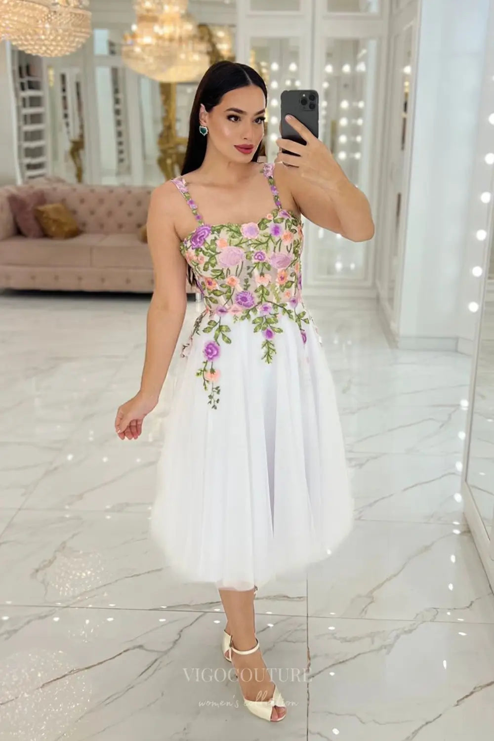 Wedding Dresses 2025 to impress Romantic Floral Embroidered Midi Wedding Dress with Sheer Bodice, Delicate Straps & Tulle A-Line Skirt – W2630-vigocouture-vigocouture