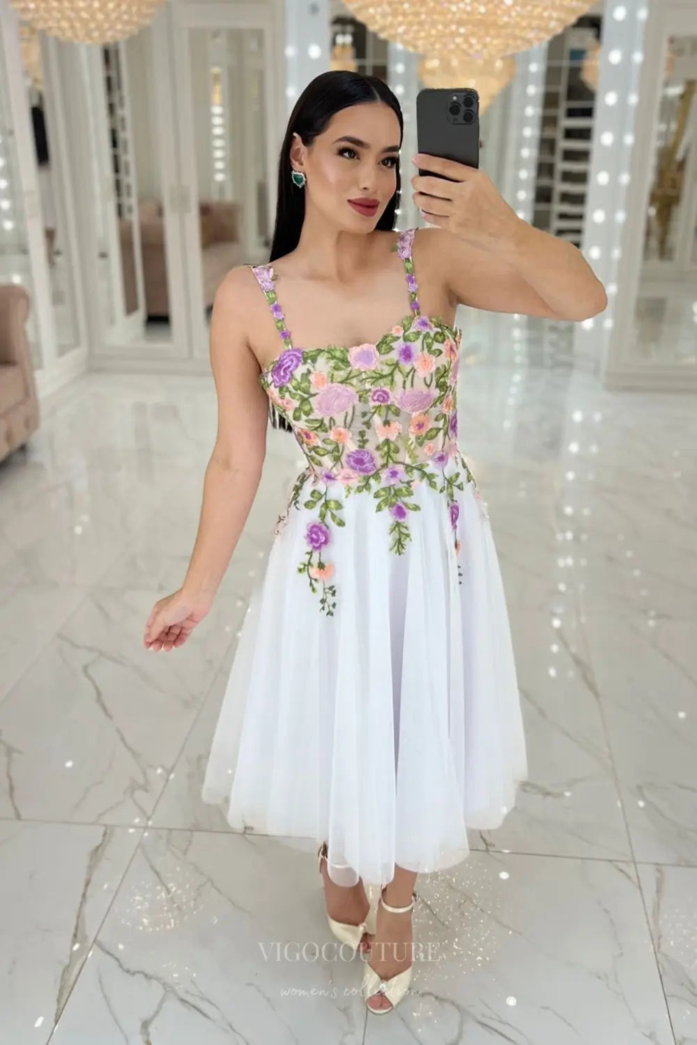 Wedding Dresses 2025 to impress Romantic Floral Embroidered Midi Wedding Dress with Sheer Bodice, Delicate Straps & Tulle A-Line Skirt – W2630-vigocouture-vigocouture