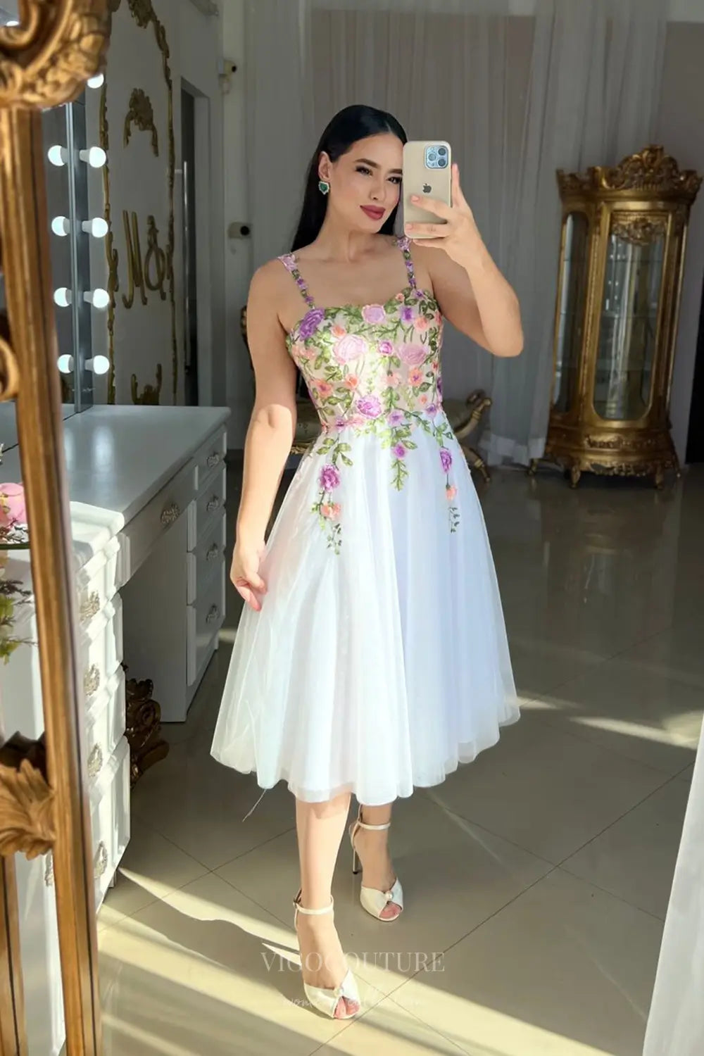 Wedding Dresses 2025 to impress Romantic Floral Embroidered Midi Wedding Dress with Sheer Bodice, Delicate Straps & Tulle A-Line Skirt – W2630-vigocouture-vigocouture