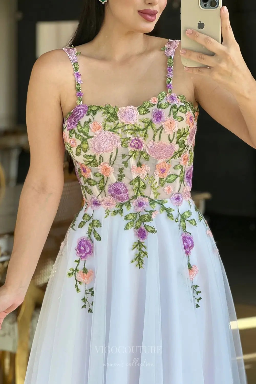 Wedding Dresses 2025 to impress Romantic Floral Embroidered Midi Wedding Dress with Sheer Bodice, Delicate Straps & Tulle A-Line Skirt – W2630-vigocouture-vigocouture