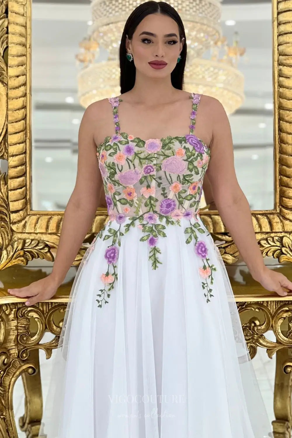 Wedding Dresses 2025 to impress Romantic Floral Embroidered Midi Wedding Dress with Sheer Bodice, Delicate Straps & Tulle A-Line Skirt – W2630-vigocouture-vigocouture