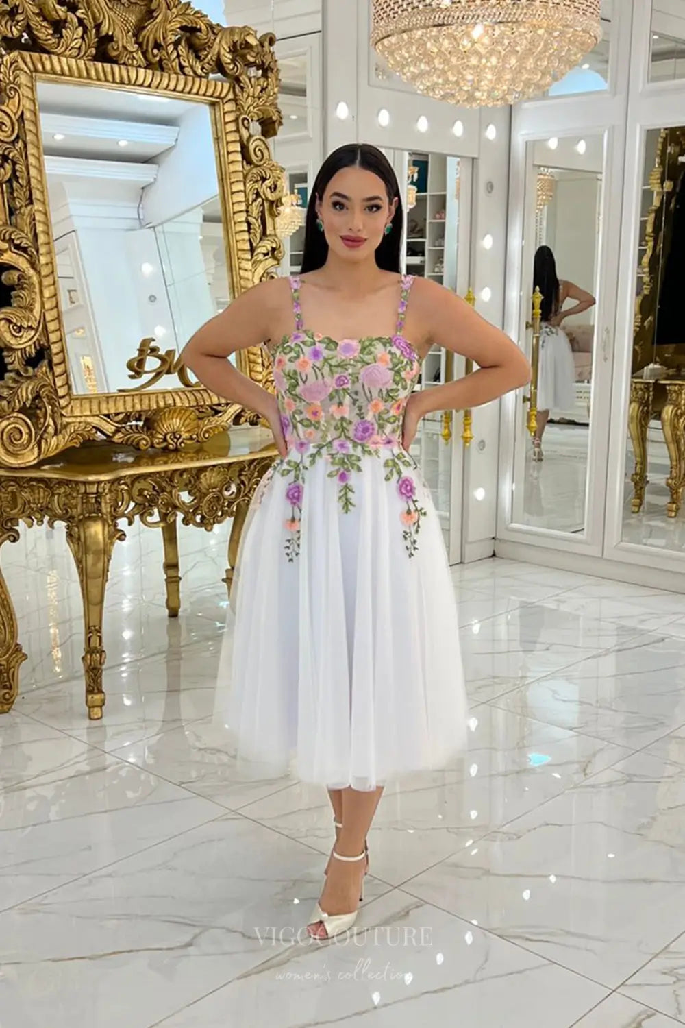 Romantic Floral Embroidered Midi Wedding Dress with Sheer Bodice, Delicate Straps & Tulle A-Line Skirt – W2630