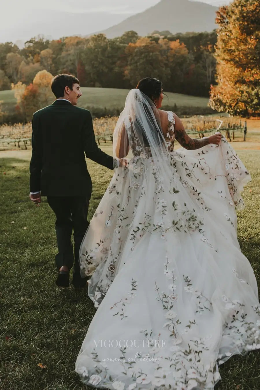 Wedding Dresses 2025 to impress Romantic Floral Lace Wedding Dress with V-Neckline, Sheer Bodice, and Chapel Train – W2230-vigocouture-vigocouture