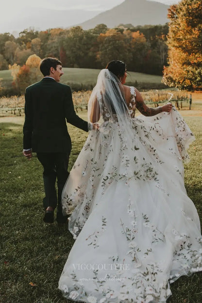 Wedding Dresses 2025 to impress Romantic Floral Lace Wedding Dress with V-Neckline, Sheer Bodice, and Chapel Train – W2230-vigocouture-vigocouture
