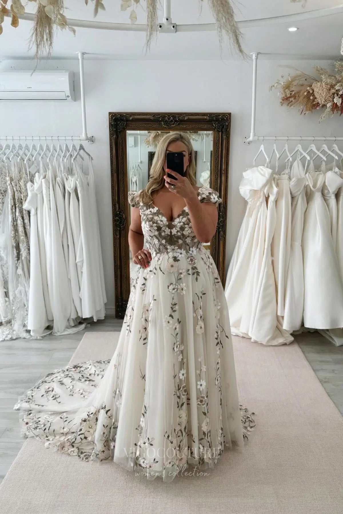 Wedding Dresses 2025 to impress Romantic Floral Lace Wedding Dress with V-Neckline, Sheer Bodice, and Chapel Train – W2230-vigocouture-vigocouture