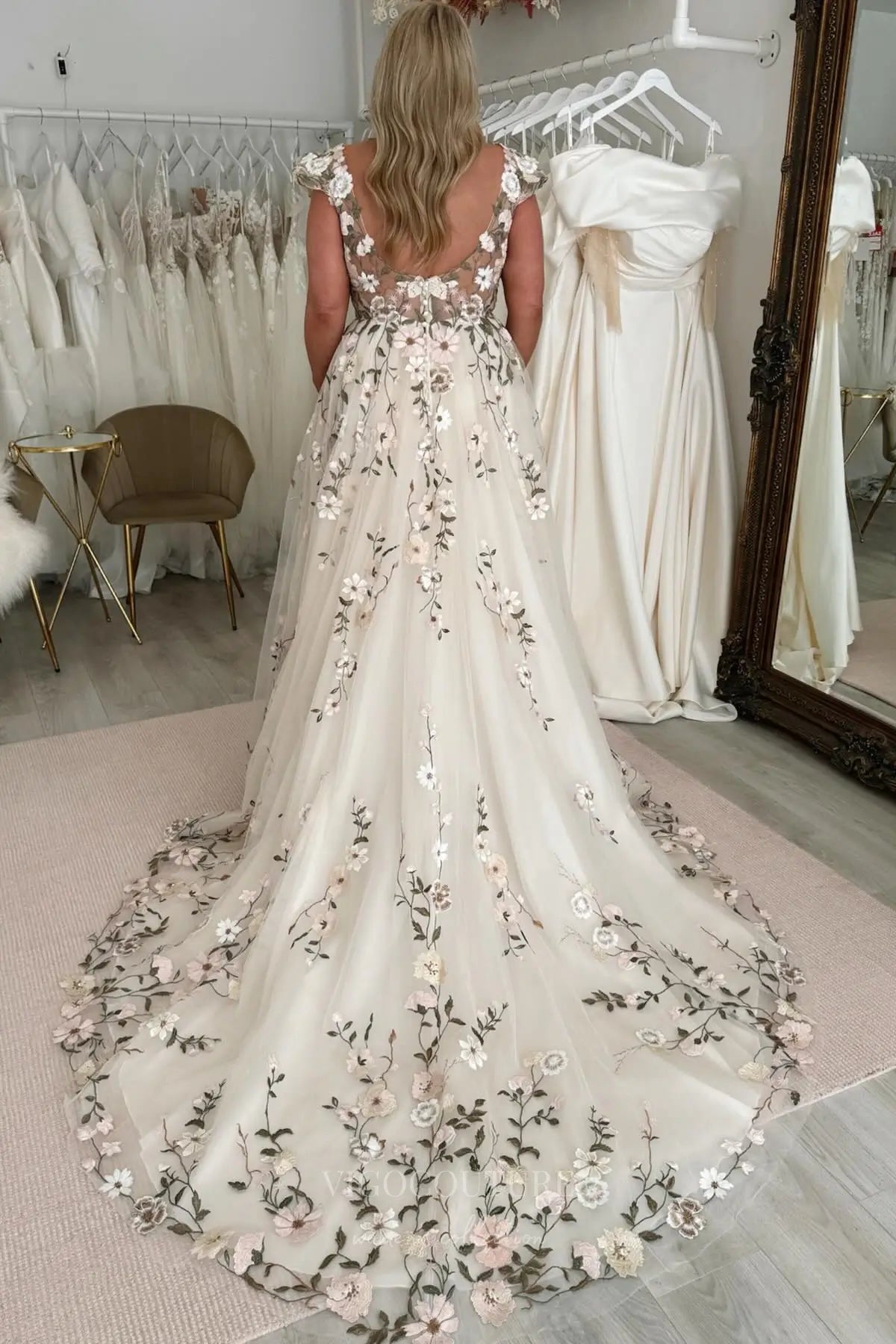 Wedding Dresses 2025 to impress Romantic Floral Lace Wedding Dress with V-Neckline, Sheer Bodice, and Chapel Train – W2230-vigocouture-vigocouture