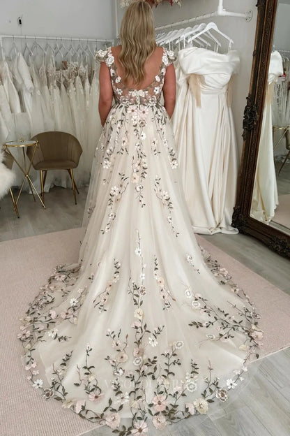 Wedding Dresses 2025 to impress Romantic Floral Lace Wedding Dress with V-Neckline, Sheer Bodice, and Chapel Train – W2230-vigocouture-vigocouture