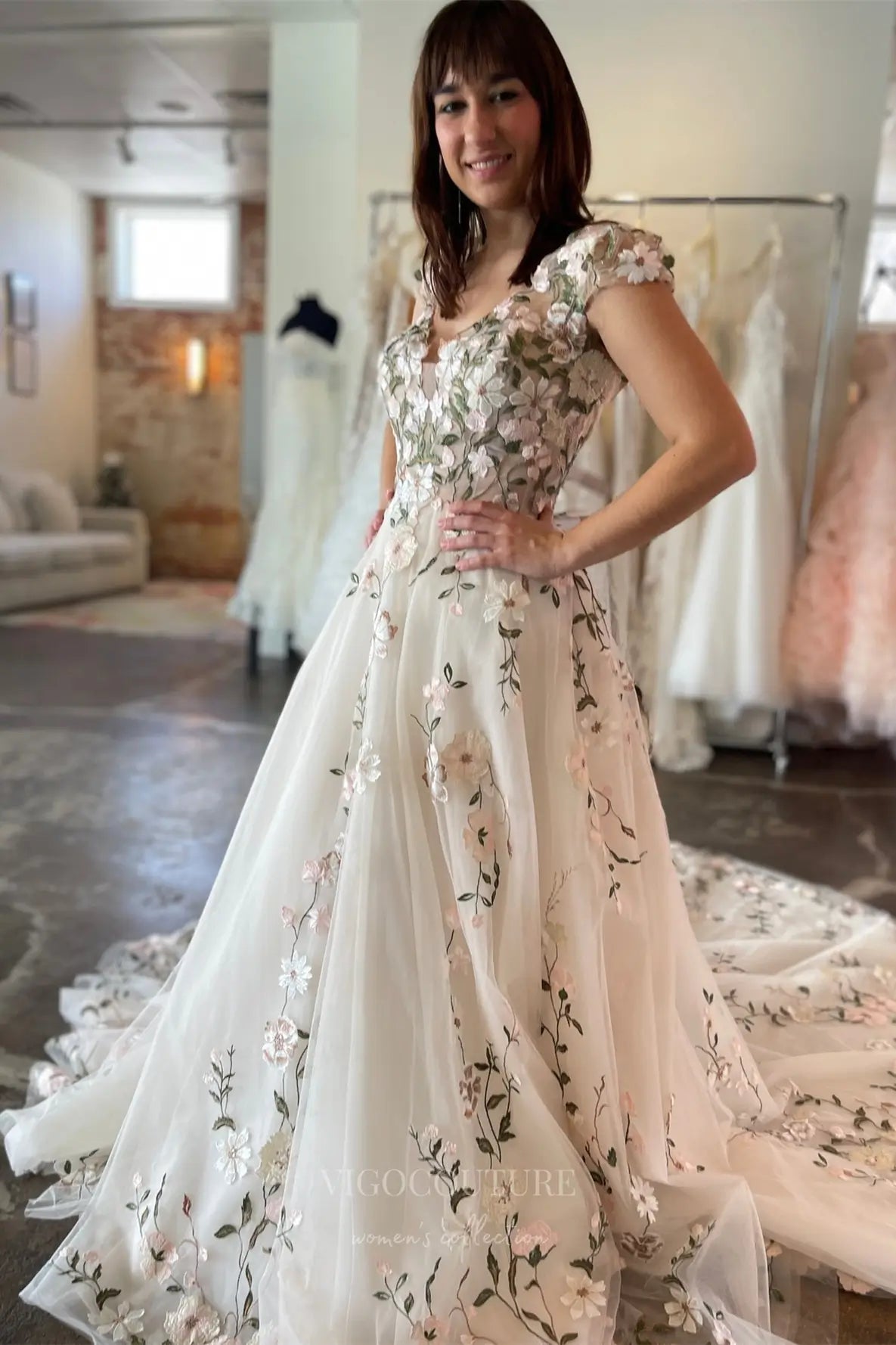 Wedding Dresses 2025 to impress Romantic Floral Lace Wedding Dress with V-Neckline, Sheer Bodice, and Chapel Train – W2230-vigocouture-vigocouture