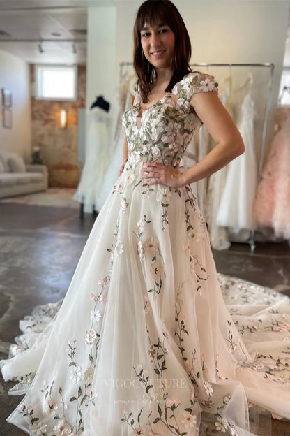 Wedding Dresses 2025 to impress Romantic Floral Lace Wedding Dress with V-Neckline, Sheer Bodice, and Chapel Train – W2230-vigocouture-vigocouture