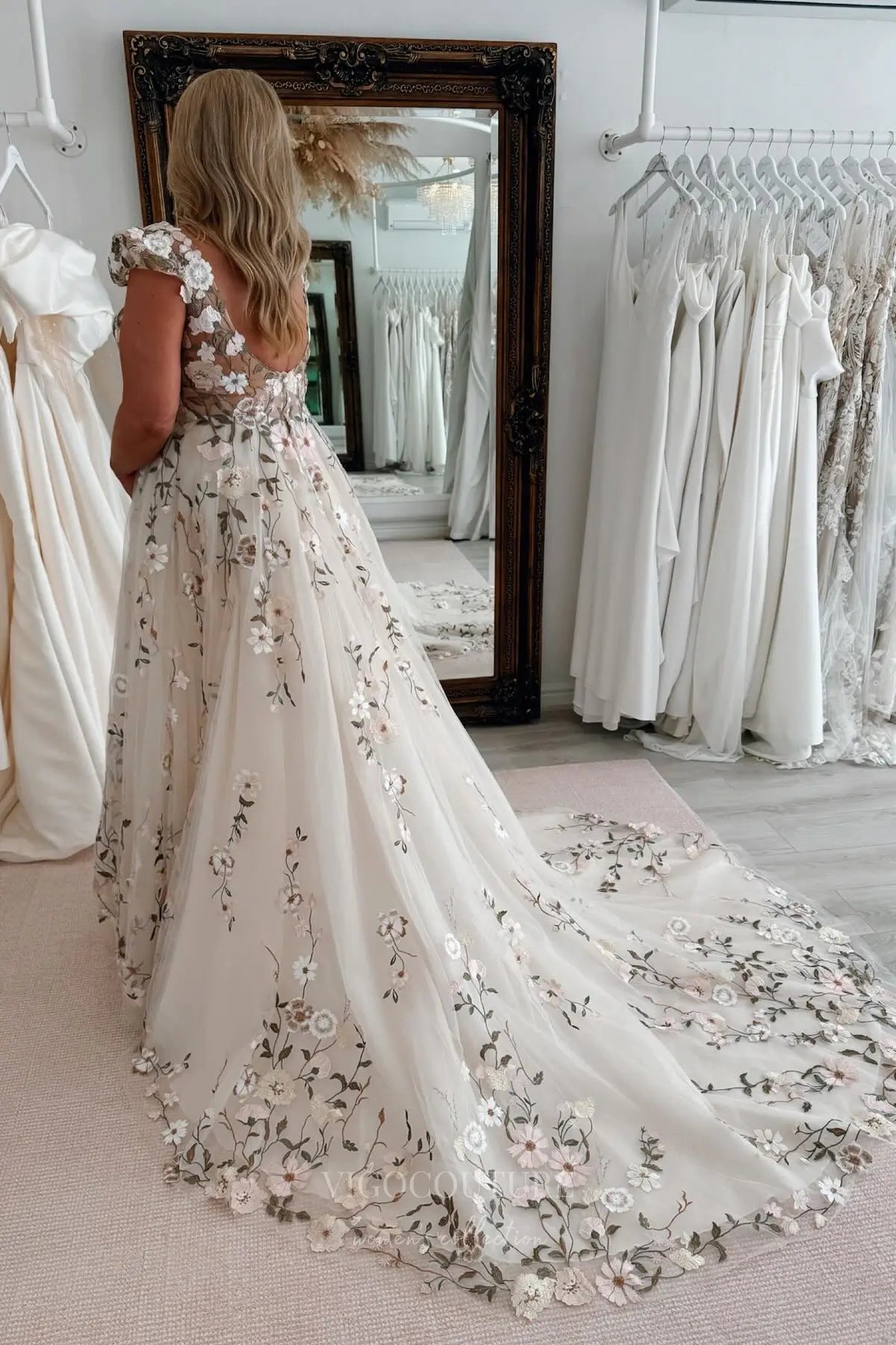 Wedding Dresses 2025 to impress Romantic Floral Lace Wedding Dress with V-Neckline, Sheer Bodice, and Chapel Train – W2230-vigocouture-vigocouture