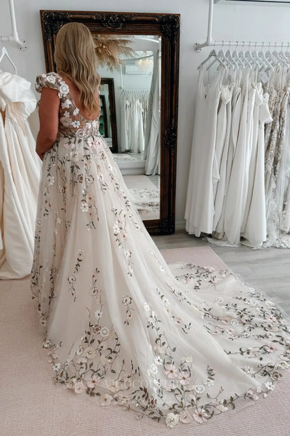 Wedding Dresses 2025 to impress Romantic Floral Lace Wedding Dress with V-Neckline, Sheer Bodice, and Chapel Train – W2230-vigocouture-vigocouture