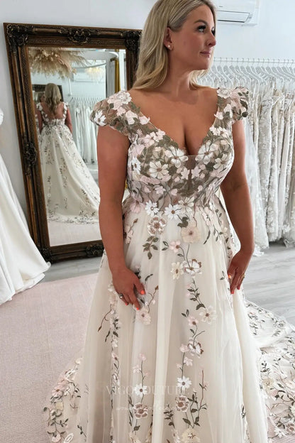 Wedding Dresses 2025 to impress Romantic Floral Lace Wedding Dress with V-Neckline, Sheer Bodice, and Chapel Train – W2230-vigocouture-vigocouture