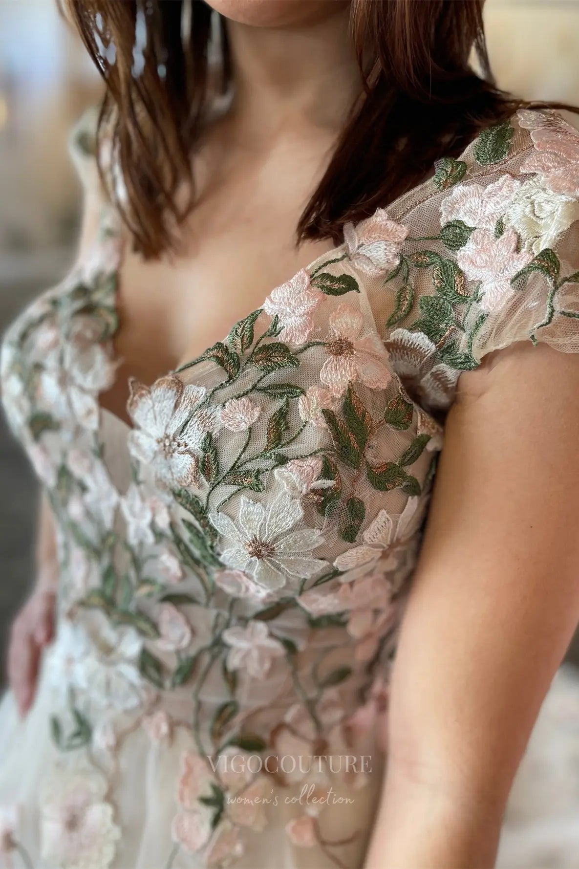 Wedding Dresses 2025 to impress Romantic Floral Lace Wedding Dress with V-Neckline, Sheer Bodice, and Chapel Train – W2230-vigocouture-vigocouture