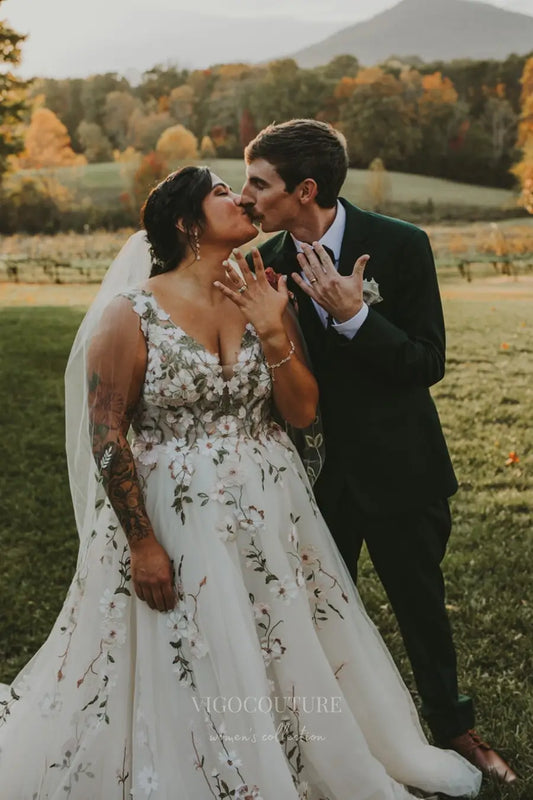 Romantic Floral Lace Wedding Dress with V-Neckline, Sheer Bodice, and Chapel Train – W2230