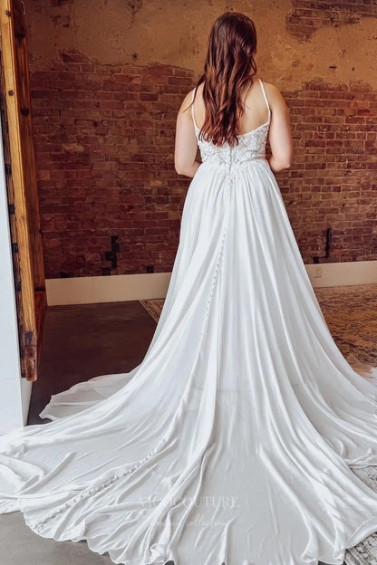 Wedding Dresses 2025 to impress Romantic Ivory Chiffon A-Line Wedding Dress with Lace Bodice, Spaghetti Straps & Chapel Train – W2358-vigocouture-vigocouture