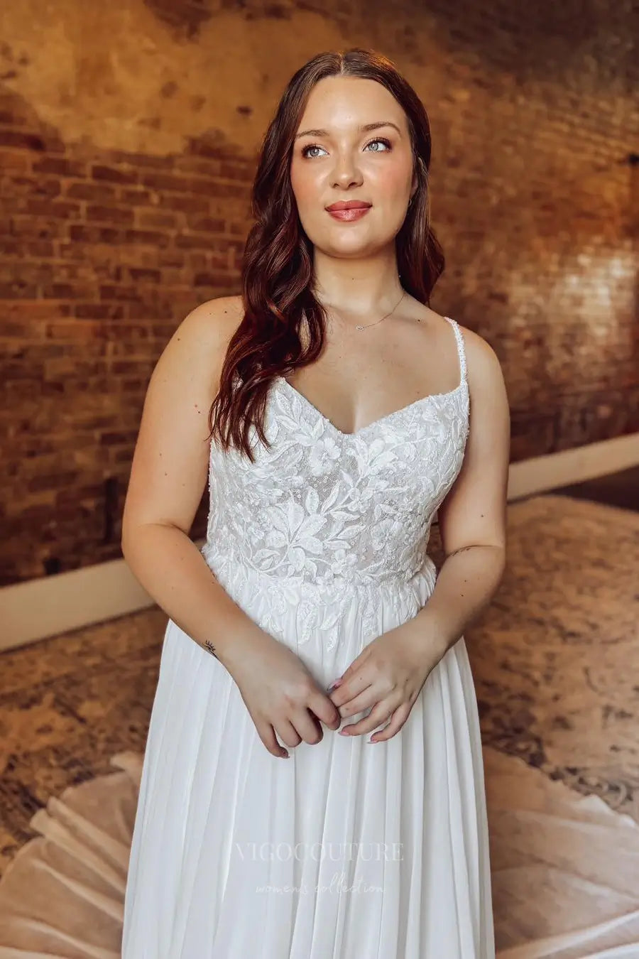 Wedding Dresses 2025 to impress Romantic Ivory Chiffon A-Line Wedding Dress with Lace Bodice, Spaghetti Straps & Chapel Train – W2358-vigocouture-vigocouture