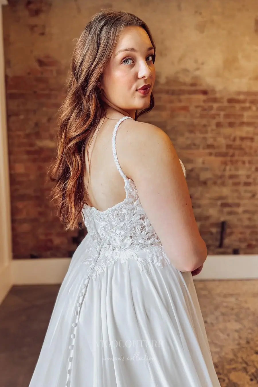 Wedding Dresses 2025 to impress Romantic Ivory Chiffon A-Line Wedding Dress with Lace Bodice, Spaghetti Straps & Chapel Train – W2358-vigocouture-vigocouture