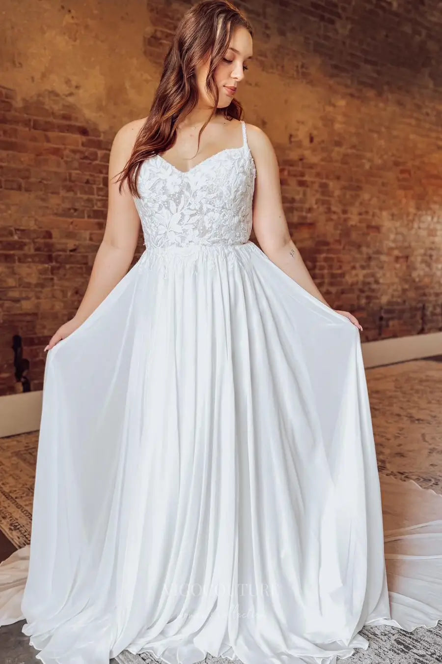 Romantic Ivory Chiffon A-Line Wedding Dress with Lace Bodice, Spaghetti Straps & Chapel Train – W2358