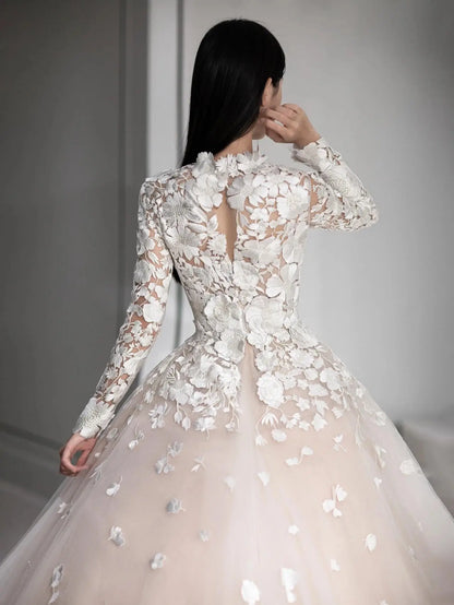 Wedding Dresses 2025 to impress Romantic Ivory Floral Lace Ball Gown Wedding Dress with Long Sleeves & High Neckline | Style RD001-vigocouture-vigocouture
