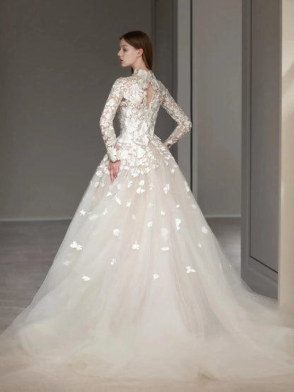 Wedding Dresses 2025 to impress Romantic Ivory Floral Lace Ball Gown Wedding Dress with Long Sleeves & High Neckline | Style RD001-vigocouture-vigocouture