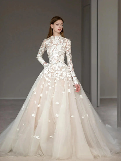 Wedding Dresses 2025 to impress Romantic Ivory Floral Lace Ball Gown Wedding Dress with Long Sleeves & High Neckline | Style RD001-vigocouture-vigocouture