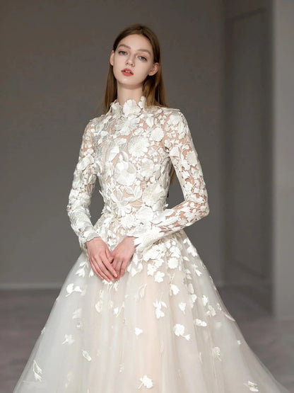 Wedding Dresses 2025 to impress Romantic Ivory Floral Lace Ball Gown Wedding Dress with Long Sleeves & High Neckline | Style RD001-vigocouture-vigocouture