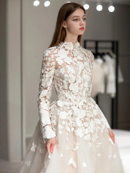 Wedding Dresses 2025 to impress Romantic Ivory Floral Lace Ball Gown Wedding Dress with Long Sleeves & High Neckline | Style RD001-vigocouture-vigocouture