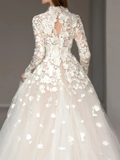 Wedding Dresses 2025 to impress Romantic Ivory Floral Lace Ball Gown Wedding Dress with Long Sleeves & High Neckline | Style RD001-vigocouture-vigocouture